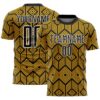 Gold Black White Abstract Fluid Wave Sublimation Soccer Uniform Jersey, Custom Team Soccer Jersey Shirt Gold Black White Abstract Fluid Wave Sublimation Soccer Uniform Jersey, Custom Team Soccer Jersey Shirt