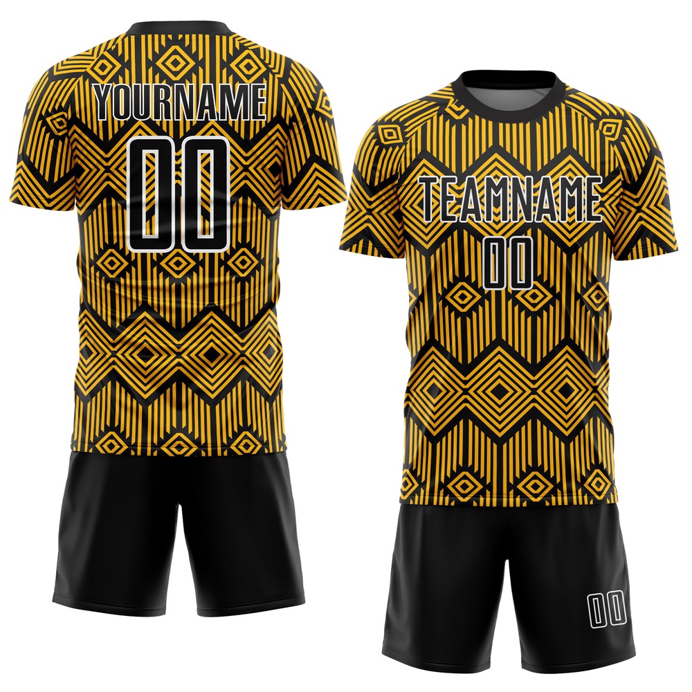 Gold Black White Abstract Geometric Shapes Sublimation Soccer Uniform Jersey, Custom Team Soccer Jersey Shirt