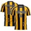 Gold Black White Lines Sublimation Soccer Uniform Jersey, Custom Team Soccer Jersey Shirt Gold Black White Lines Sublimation Soccer Uniform Jersey, Custom Team Soccer Jersey Shirt