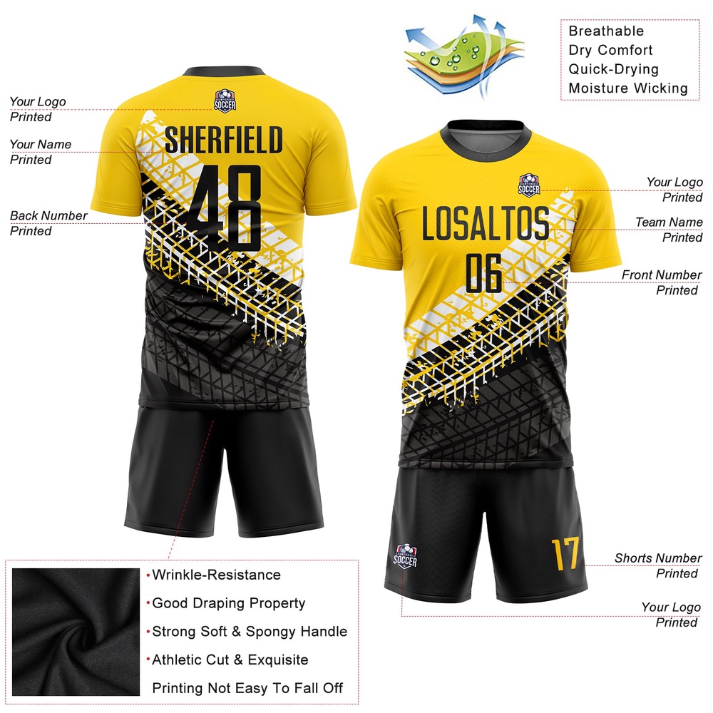 Gold Black White Sublimation Soccer Uniform Jersey, Custom Team Soccer Jersey Shirt Gold Black White Sublimation Soccer Uniform Jersey, Custom Team Soccer Jersey Shirt