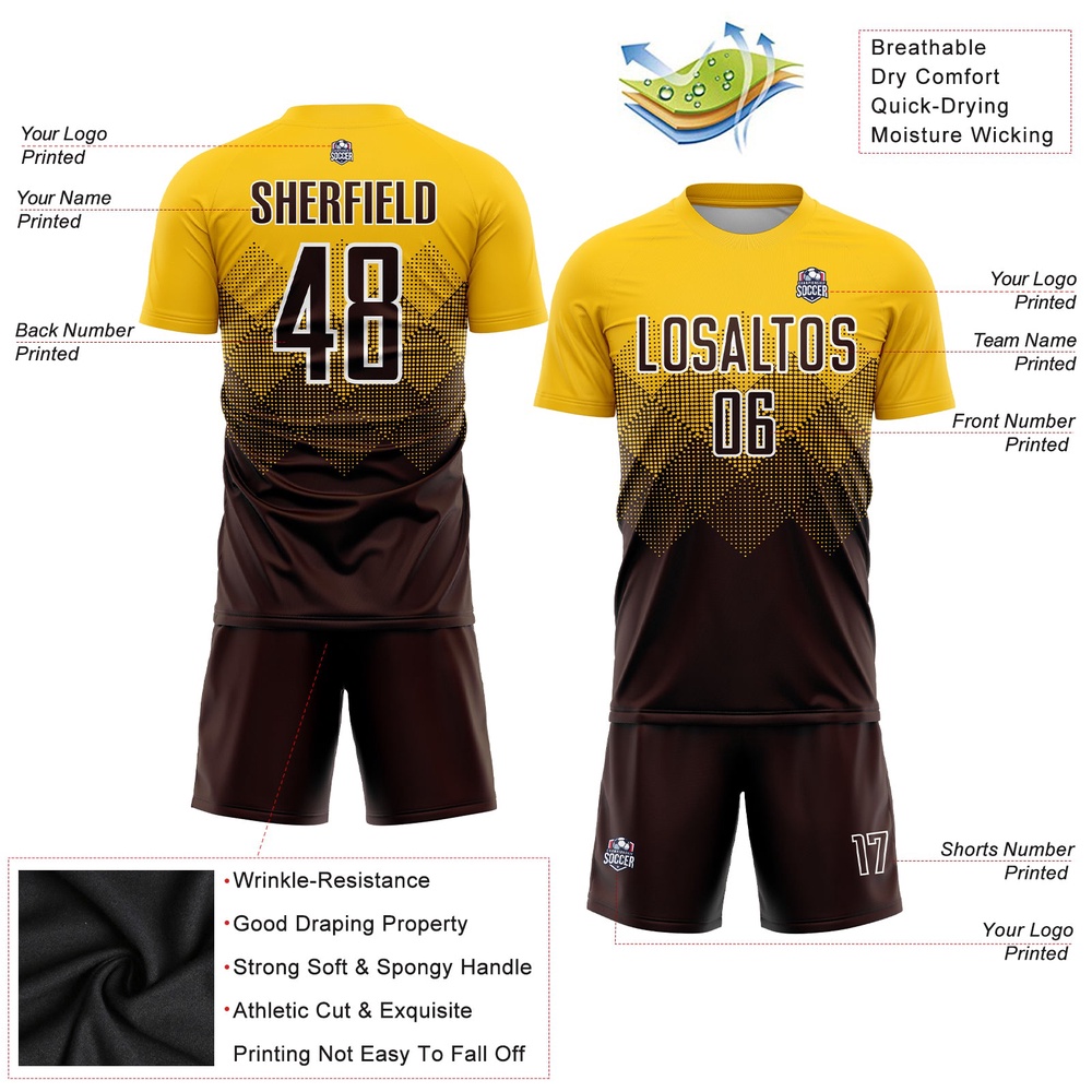 Gold Brown White Sublimation Soccer Uniform Jersey, Custom Team Soccer Jersey Shirt