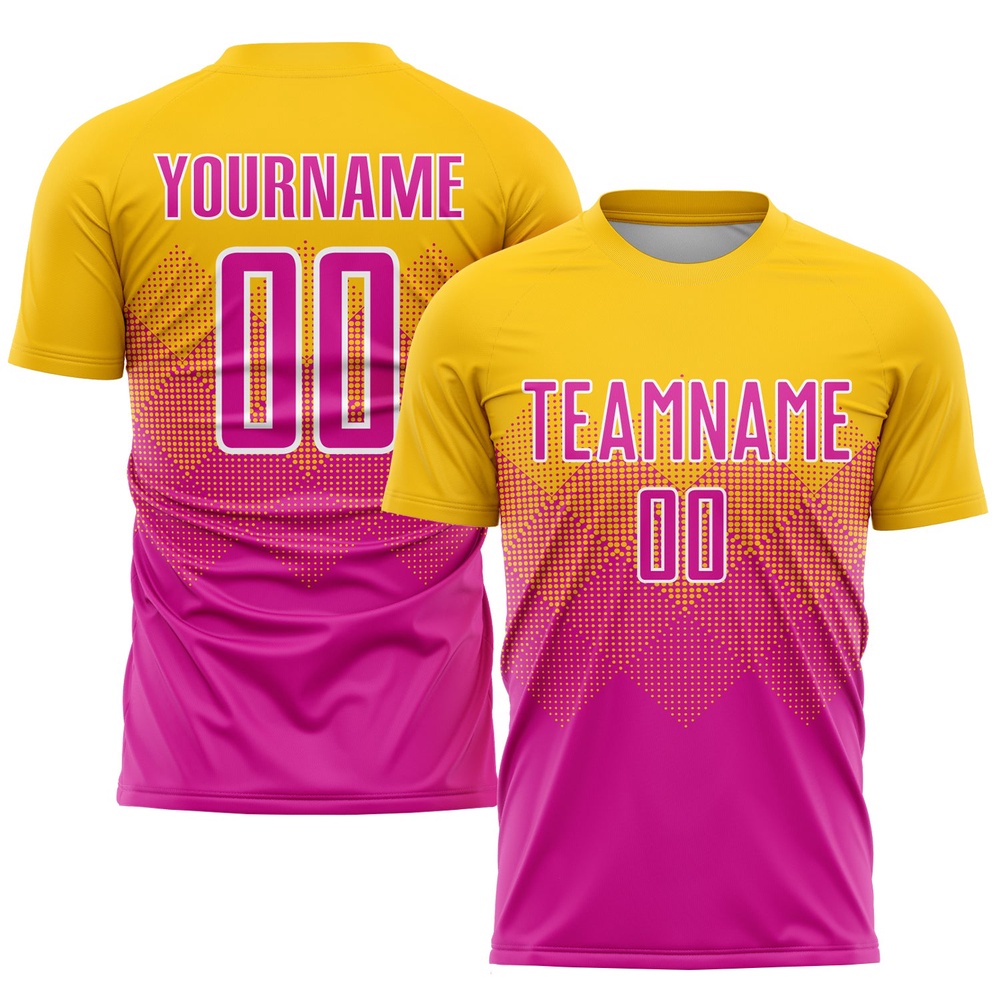 Gold Deep Pink White Sublimation Soccer Uniform Jersey, Custom Team Soccer Jersey Shirt Gold Deep Pink White Sublimation Soccer Uniform Jersey, Custom Team Soccer Jersey Shirt