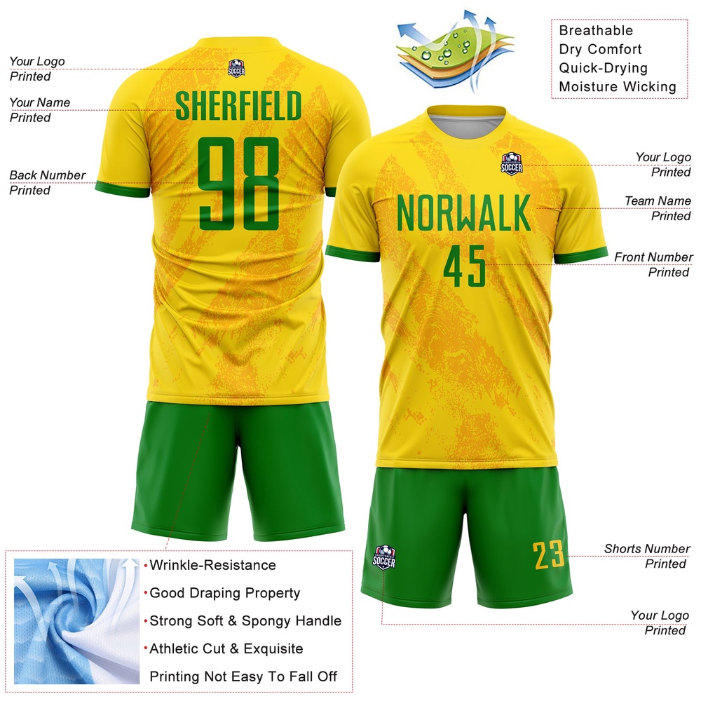 Gold Grass Green Sublimation Soccer Uniform Jersey, Custom Team Soccer Jersey Shirt Gold Grass Green Sublimation Soccer Uniform Jersey, Custom Team Soccer Jersey Shirt