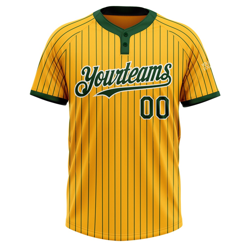 Gold Green Pinstripe White Two Button Unisex Softball Jersey, Custom Team Softball Jersey