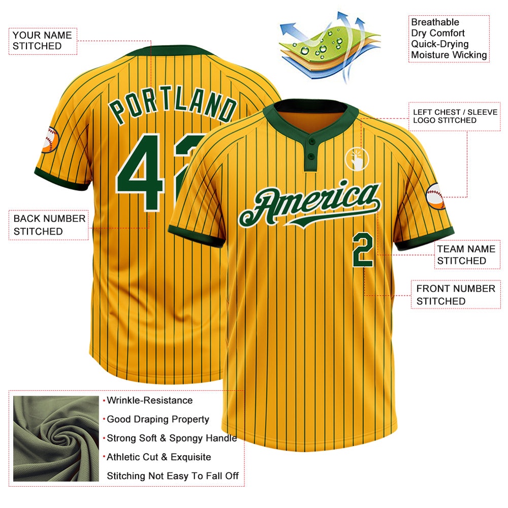 Gold Green Pinstripe White Two Button Unisex Softball Jersey, Custom Team Softball Jersey