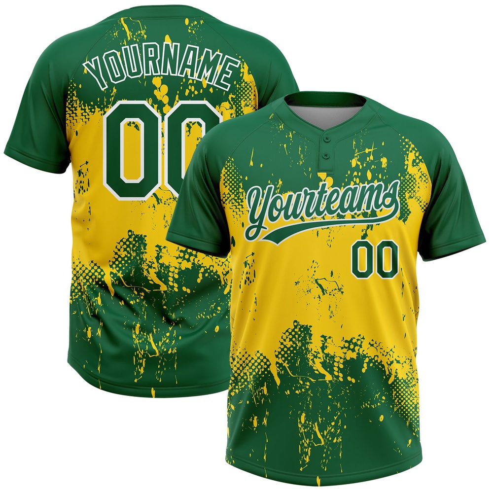 Gold Green White 3D Pattern Two Button Unisex Softball Jersey, Custom Team Softball Jersey Gold Green White 3D Pattern Two Button Unisex Softball Jersey, Custom Team Softball Jersey