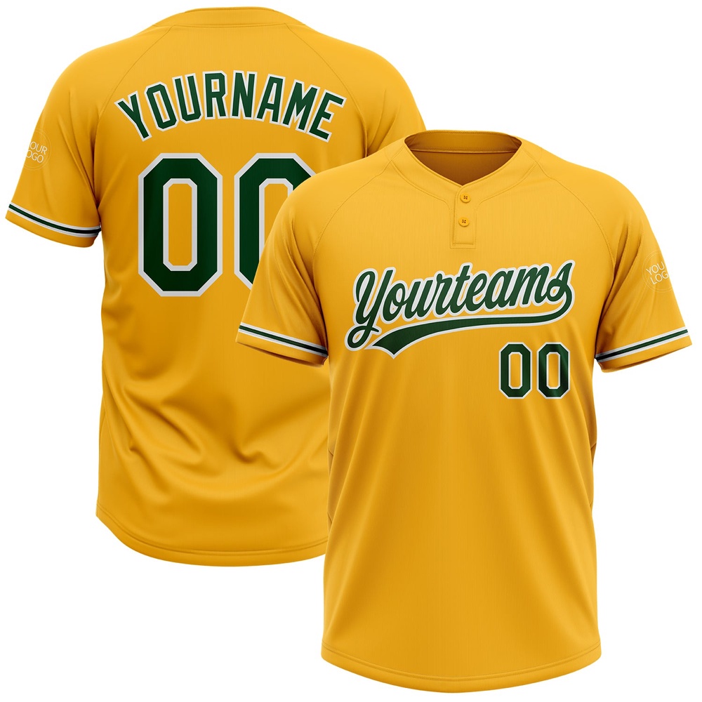 Gold Green White Two Button Unisex Softball Jersey, Custom Team Softball Jersey