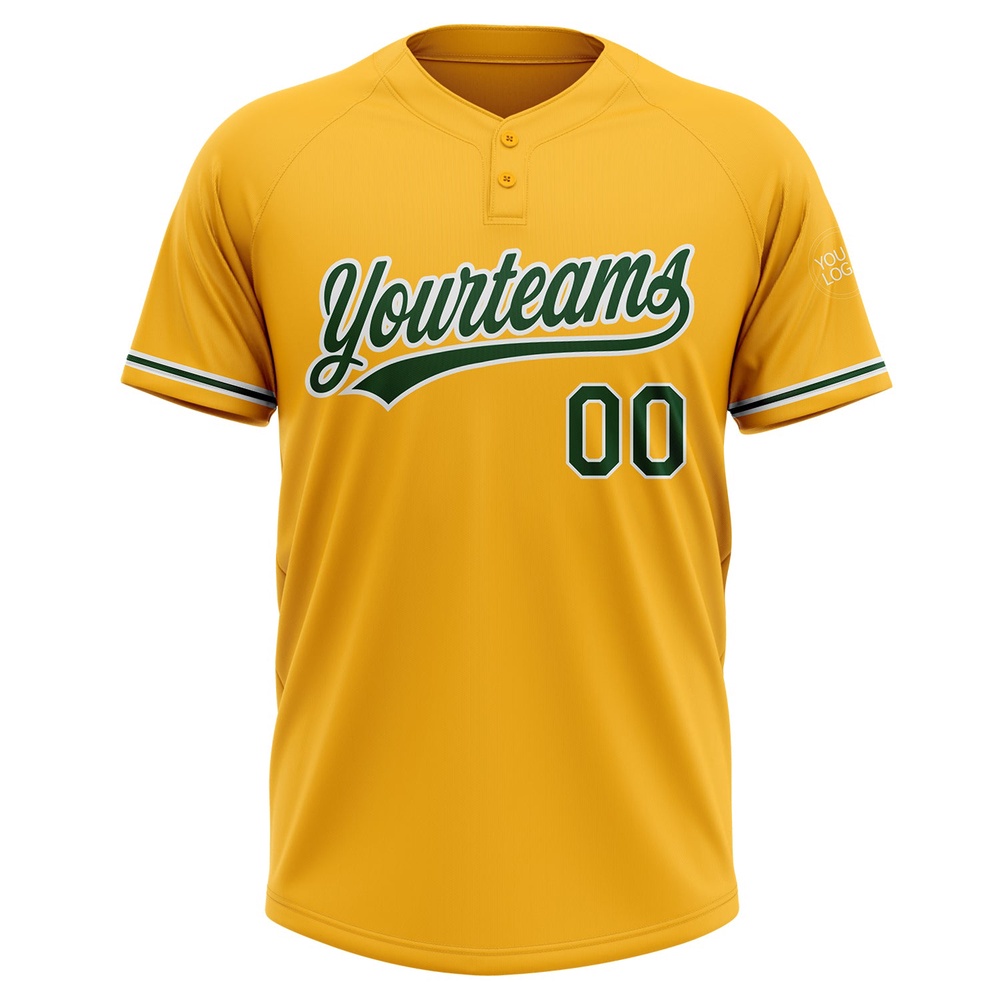 Gold Green White Two Button Unisex Softball Jersey, Custom Team Softball Jersey