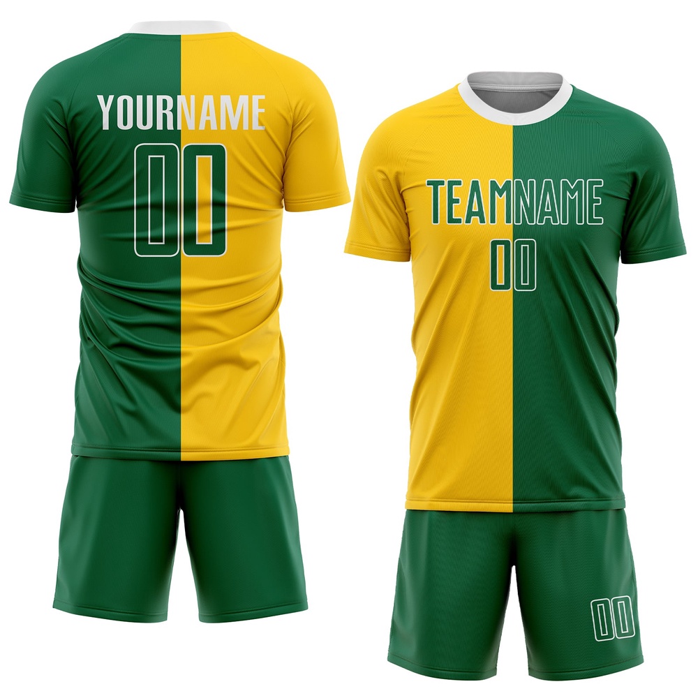Gold Kelly Green White Sublimation Split Fashion Soccer Uniform Jersey, Custom Team Soccer Jersey Shirt