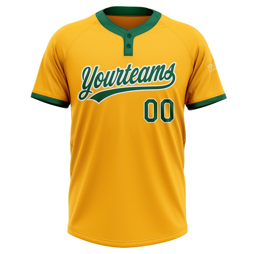 Gold Kelly Green White Two Button Unisex Softball Jersey, Custom Team Softball Jersey Gold Kelly Green White Two Button Unisex Softball Jersey, Custom Team Softball Jersey