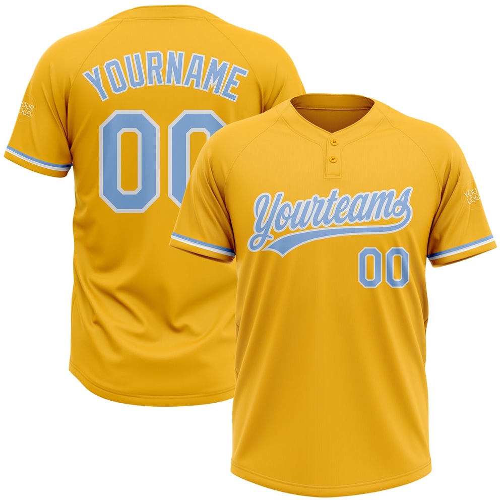 Gold Light Blue White Two Button Unisex Softball Jersey, Custom Team Softball Jersey