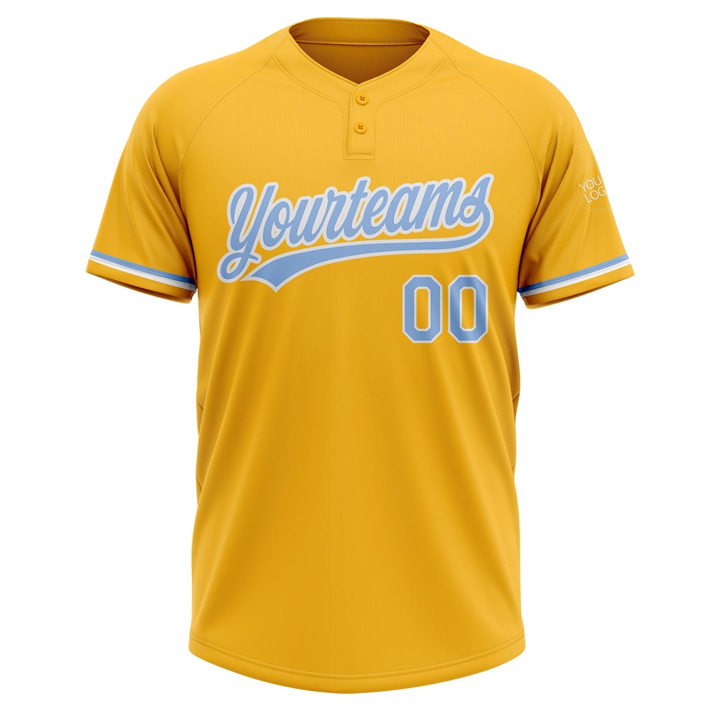 Gold Light Blue White Two Button Unisex Softball Jersey, Custom Team Softball Jersey