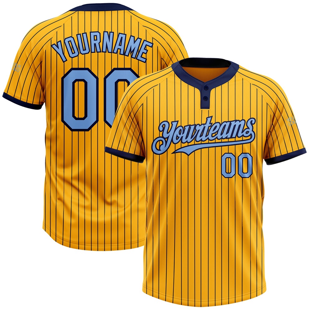 Gold Navy Pinstripe Light Blue Two Button Unisex Softball Jersey, Custom Team Softball Jersey Gold Navy Pinstripe Light Blue Two Button Unisex Softball Jersey, Custom Team Softball Jersey