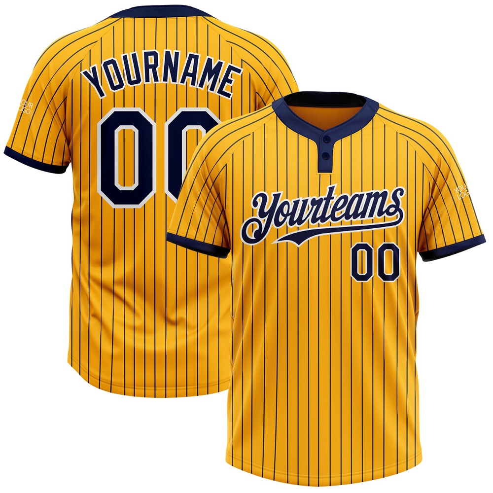 Gold Navy Pinstripe White Two Button Unisex Softball Jersey, Custom Team Softball Jersey Gold Navy Pinstripe White Two Button Unisex Softball Jersey, Custom Team Softball Jersey