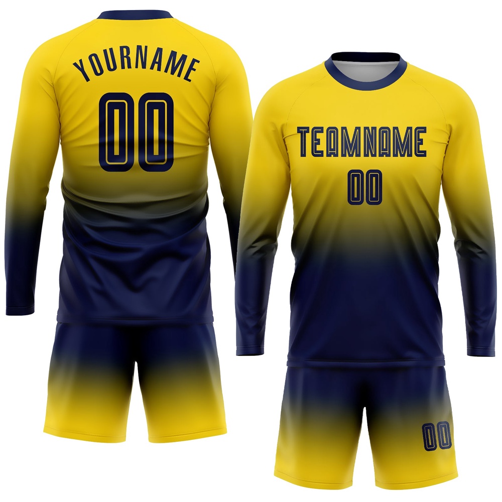 Gold Navy Sublimation Long Sleeve Fade Fashion Soccer Uniform Jersey, Custom Team Soccer Jersey Shirt