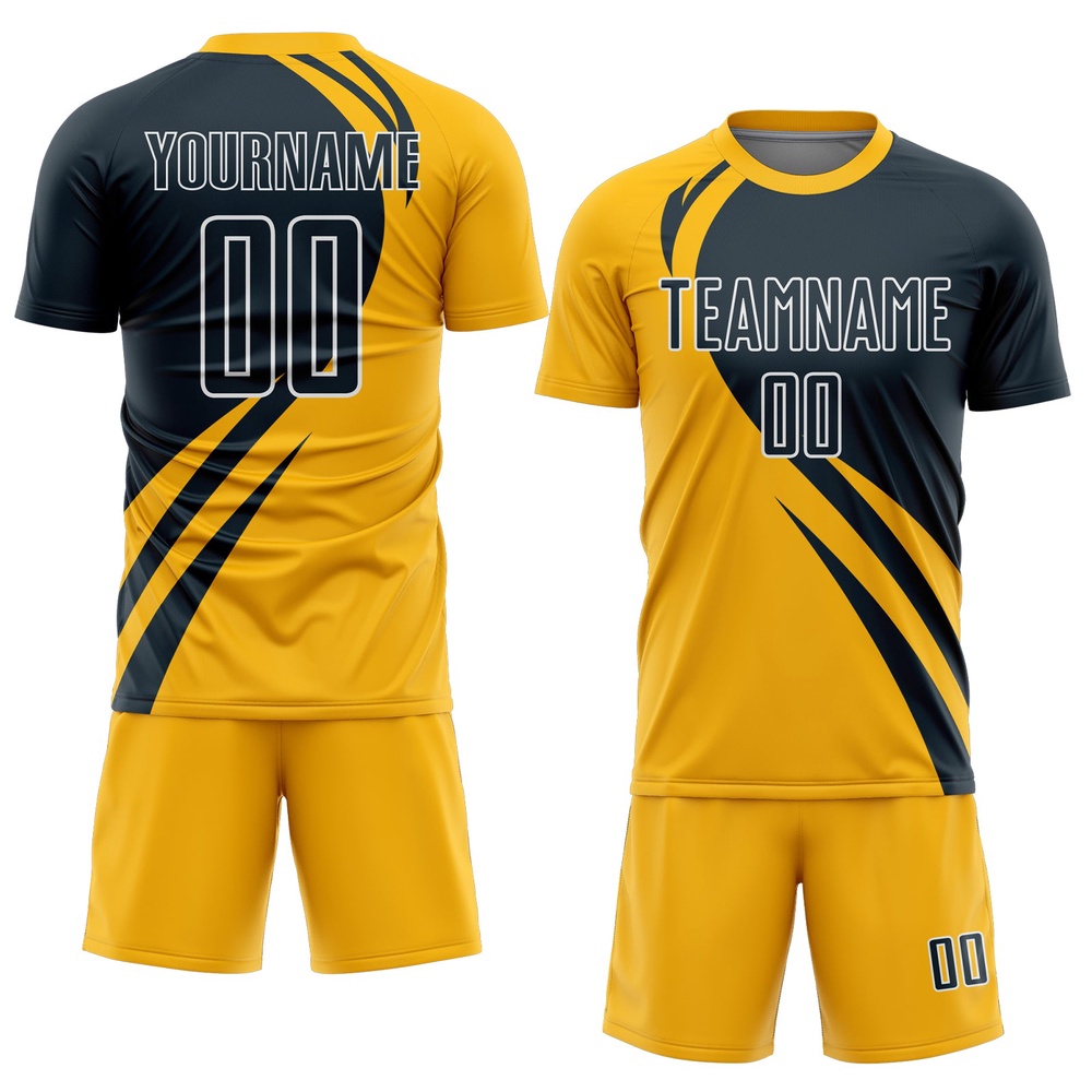 Gold Navy White Curve Lines Sublimation Soccer Uniform Jersey, Custom Team Soccer Jersey Shirt