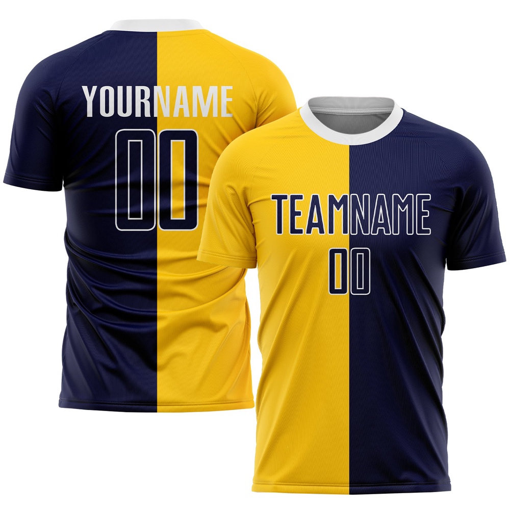 Gold Navy White Sublimation Split Fashion Soccer Uniform Jersey, Custom Team Soccer Jersey Shirt Gold Navy White Sublimation Split Fashion Soccer Uniform Jersey, Custom Team Soccer Jersey Shirt