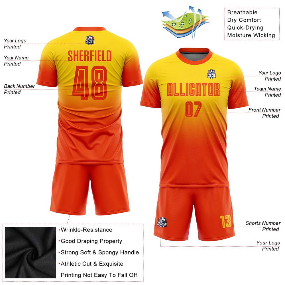 Gold Orange Sublimation Fade Fashion Soccer Uniform Jersey, Custom Team Soccer Jersey Shirt