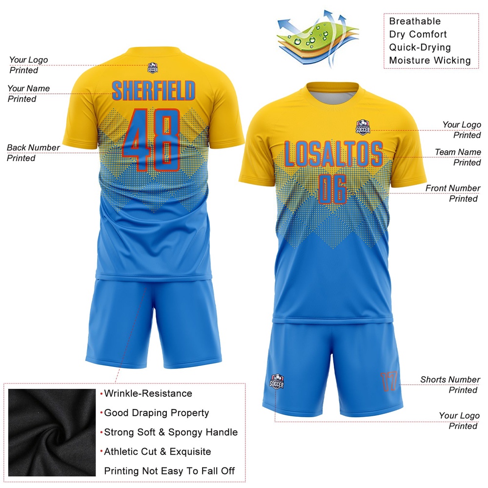Gold Powder Blue Orange Sublimation Soccer Uniform Jersey, Custom Team Soccer Jersey Shirt