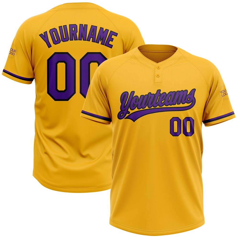 Gold Purple Black Two Button Unisex Softball Jersey, Custom Team Softball Jersey