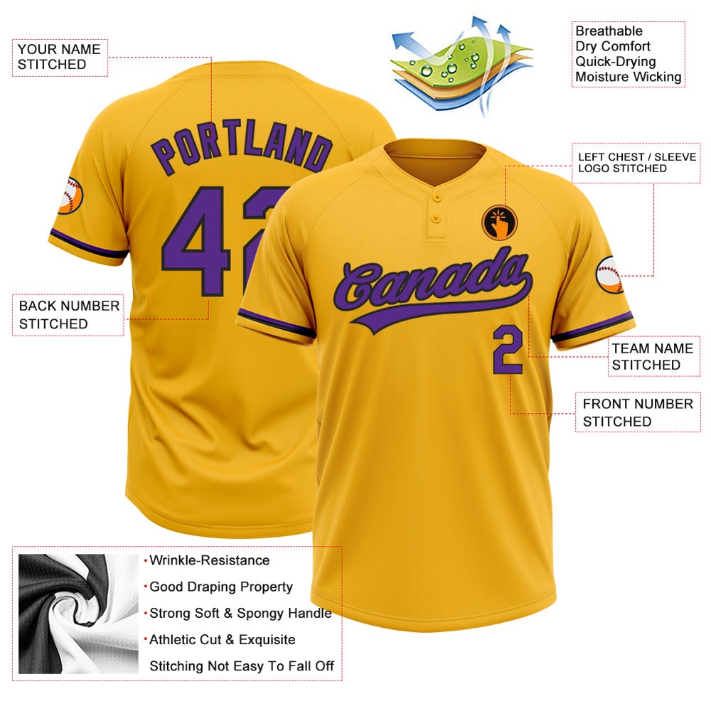 Gold Purple Black Two Button Unisex Softball Jersey, Custom Team Softball Jersey