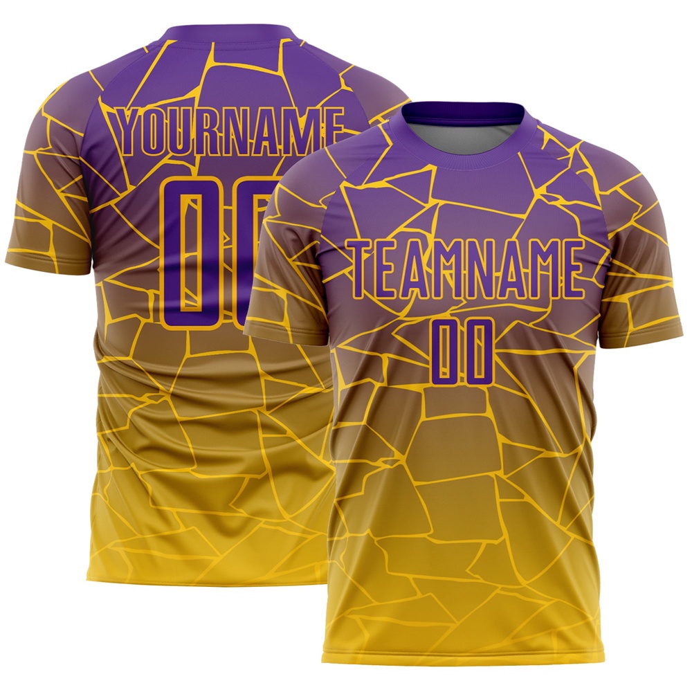 Gold Purple Lines Sublimation Soccer Uniform Jersey, Custom Team Soccer Jersey Shirt