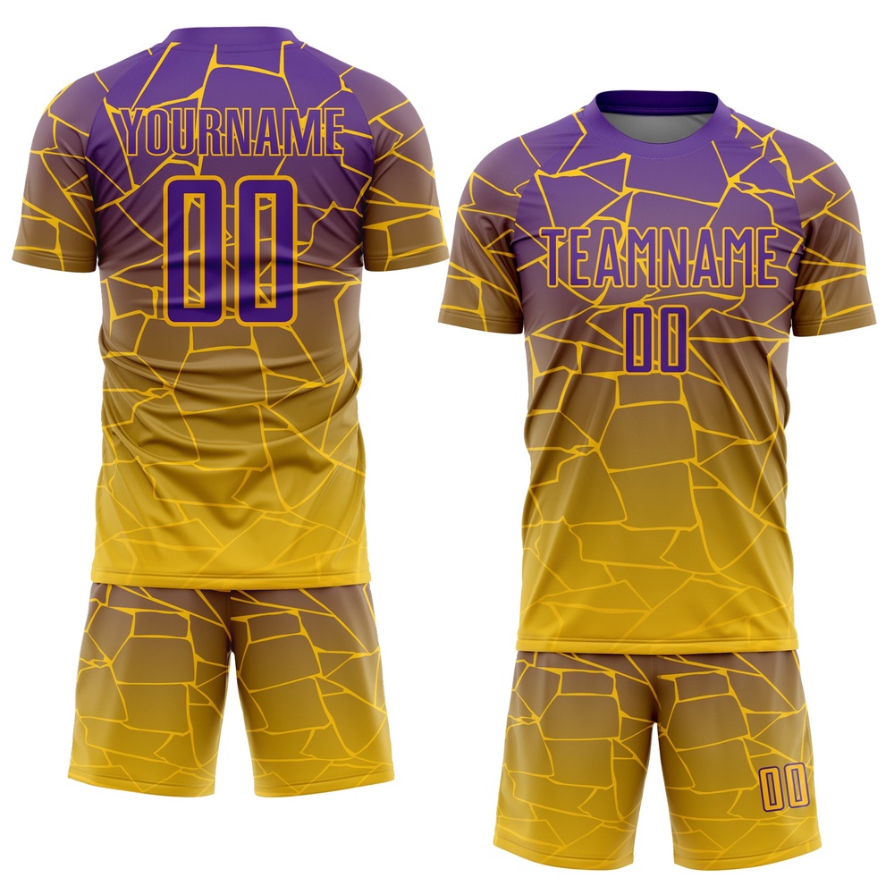 Gold Purple Lines Sublimation Soccer Uniform Jersey, Custom Team Soccer Jersey Shirt