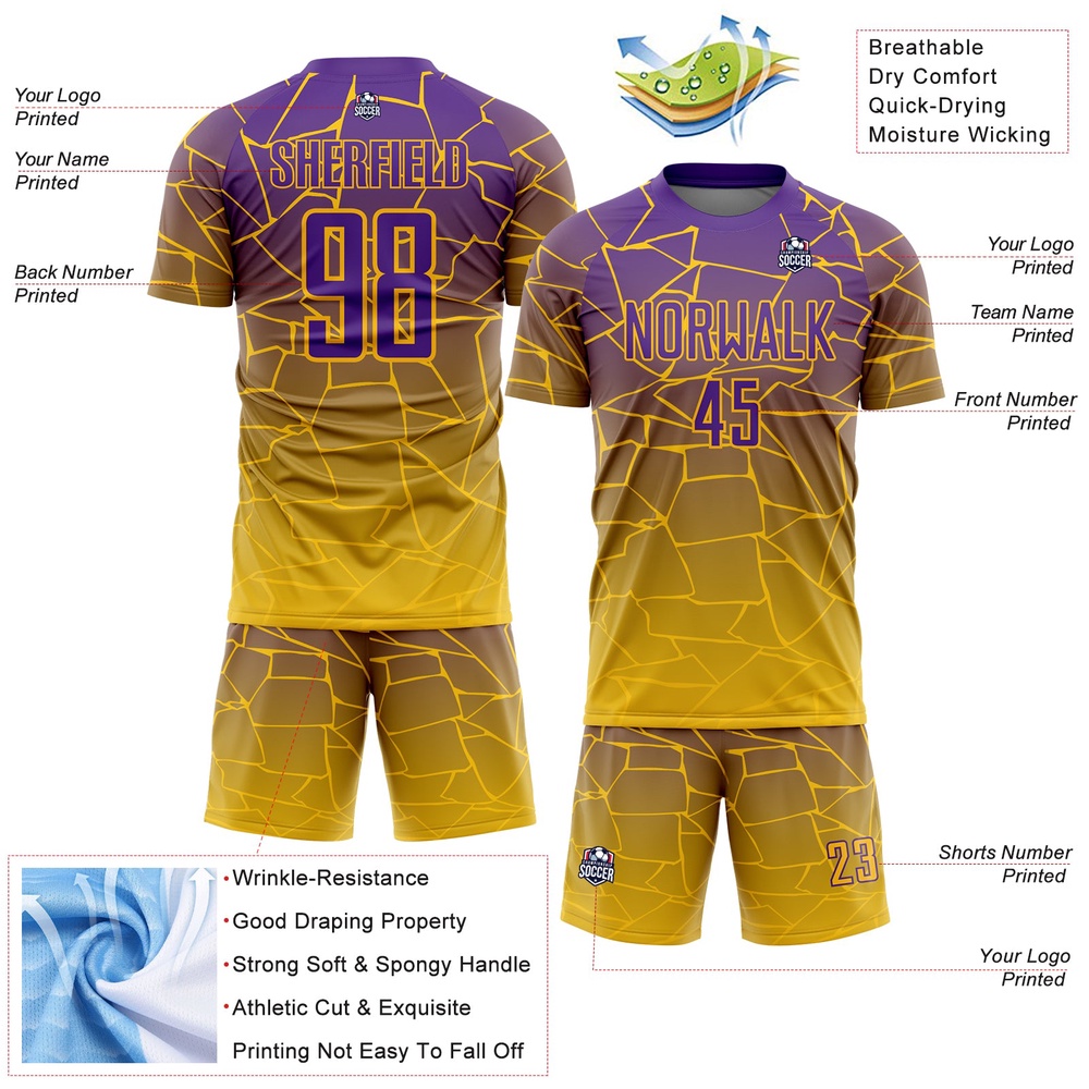 Gold Purple Lines Sublimation Soccer Uniform Jersey, Custom Team Soccer Jersey Shirt