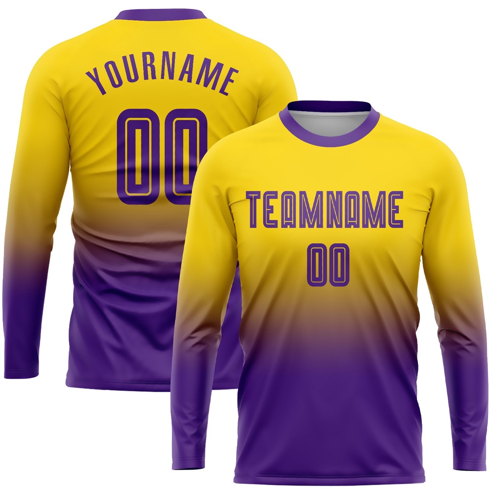 Gold Purple Sublimation Long Sleeve Fade Fashion Soccer Uniform Jersey, Custom Team Soccer Jersey Shirt Gold Purple Sublimation Long Sleeve Fade Fashion Soccer Uniform Jersey, Custom Team Soccer Jersey Shirt