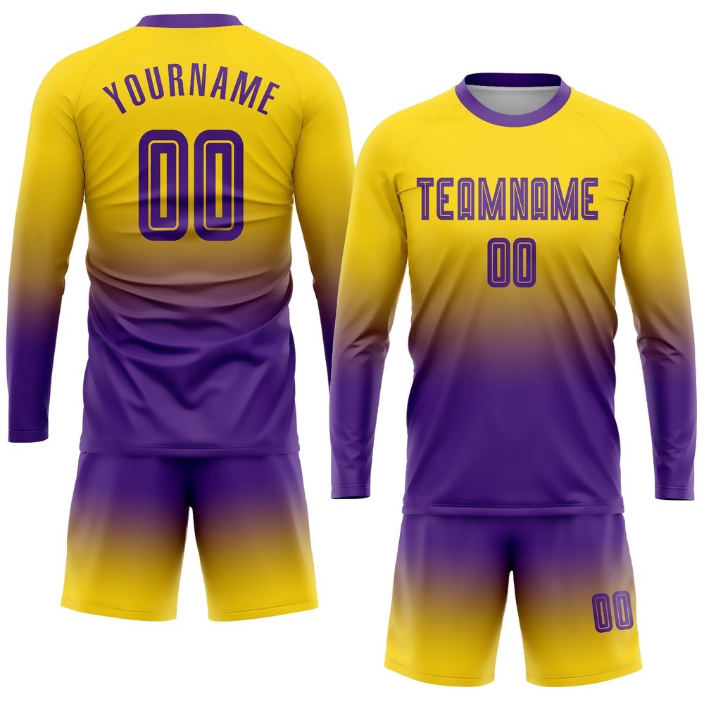 Gold Purple Sublimation Long Sleeve Fade Fashion Soccer Uniform Jersey, Custom Team Soccer Jersey Shirt Gold Purple Sublimation Long Sleeve Fade Fashion Soccer Uniform Jersey, Custom Team Soccer Jersey Shirt