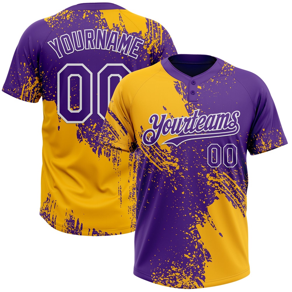 Gold Purple White 3D Pattern Abstract Brush Stroke Two Button Unisex Softball Jersey, Custom Team Softball Jersey