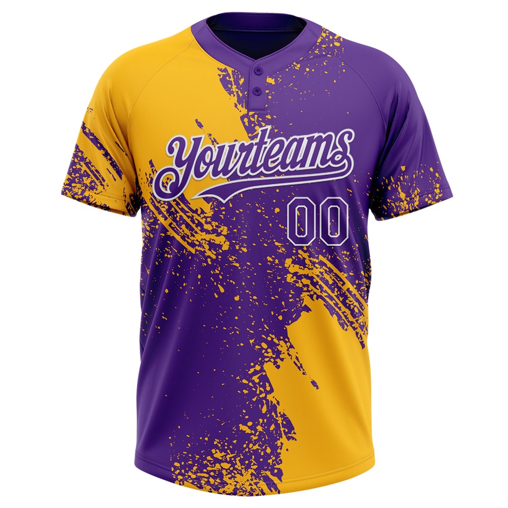 Gold Purple White 3D Pattern Abstract Brush Stroke Two Button Unisex Softball Jersey, Custom Team Softball Jersey