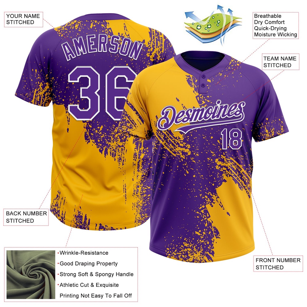 Gold Purple White 3D Pattern Abstract Brush Stroke Two Button Unisex Softball Jersey, Custom Team Softball Jersey