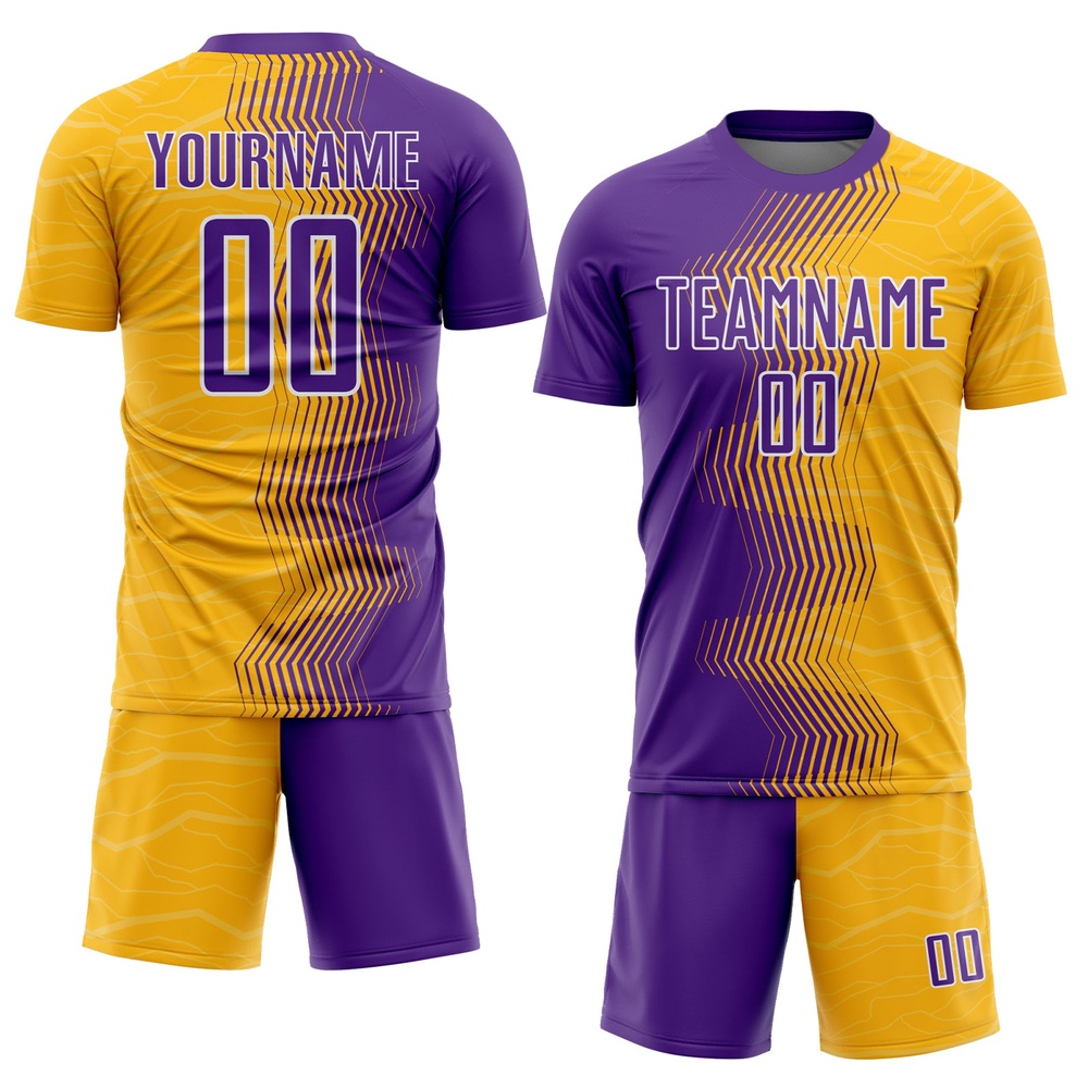 Gold Purple White Gradient Arrow Sublimation Soccer Uniform Jersey, Custom Team Soccer Jersey Shirt Gold Purple White Gradient Arrow Sublimation Soccer Uniform Jersey, Custom Team Soccer Jersey Shirt