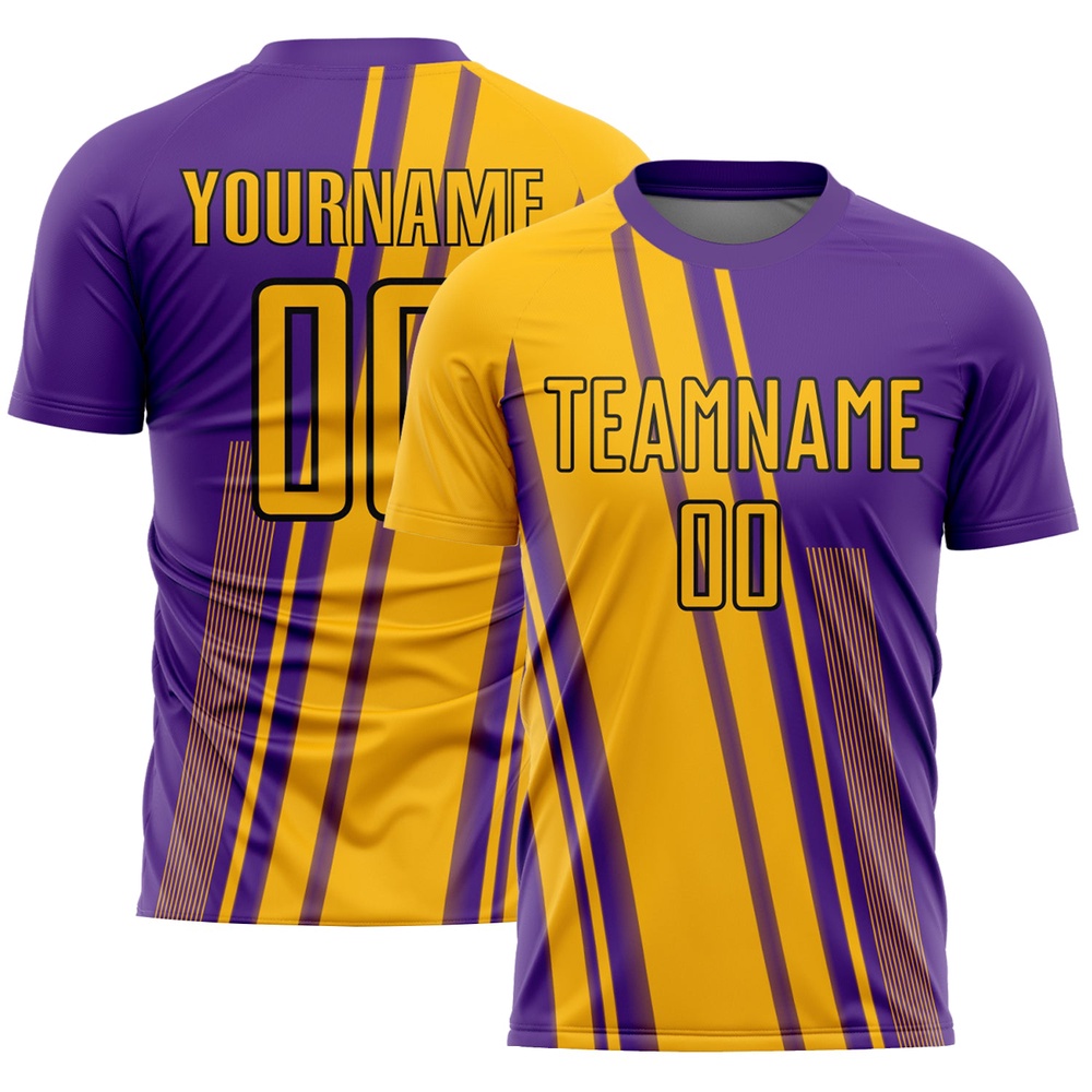 Gold Purple White Lines Sublimation Soccer Uniform Jersey, Custom Team Soccer Jersey Shirt Gold Purple White Lines Sublimation Soccer Uniform Jersey, Custom Team Soccer Jersey Shirt
