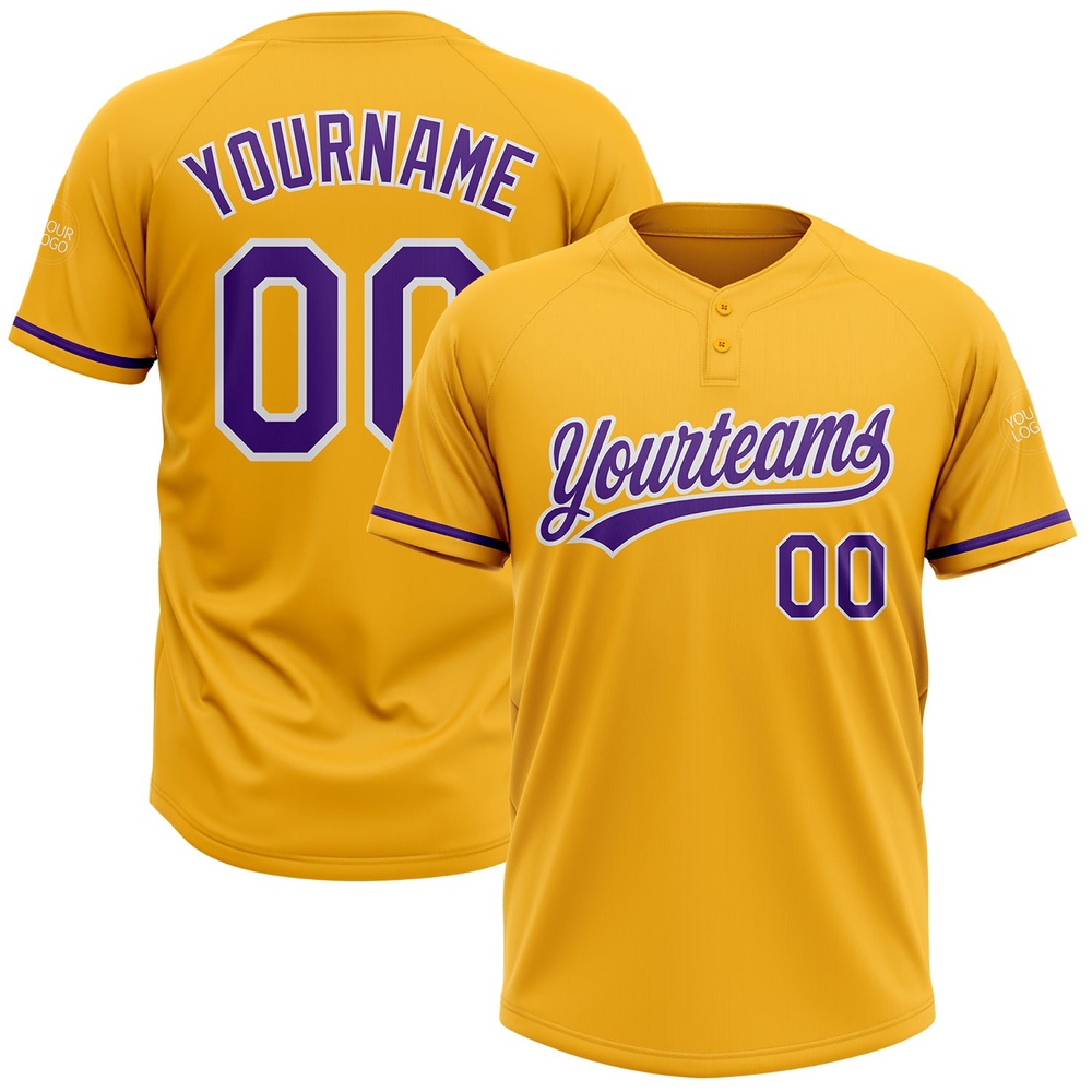 Gold Purple White Two Button Unisex Softball Jersey, Custom Team Softball Jersey