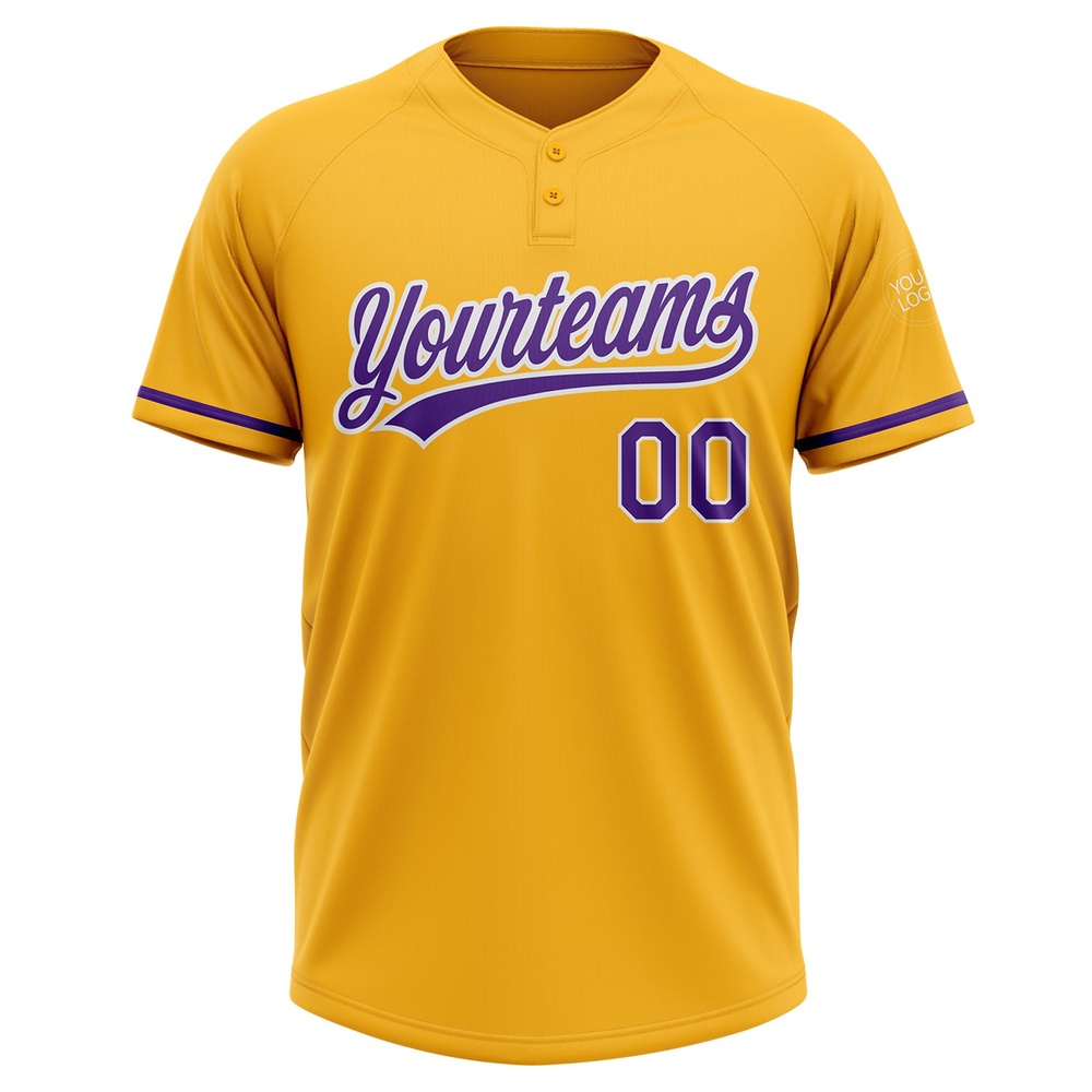 Gold Purple White Two Button Unisex Softball Jersey, Custom Team Softball Jersey