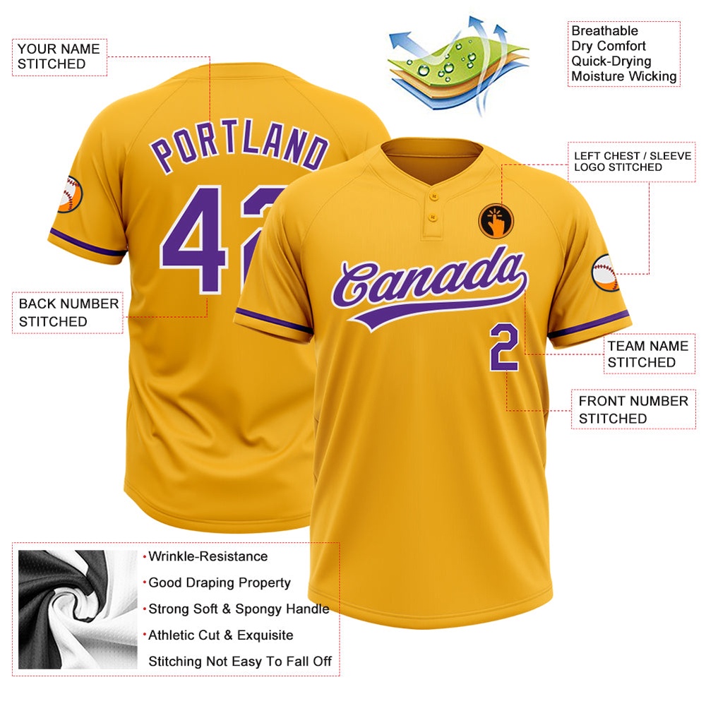 Gold Purple White Two Button Unisex Softball Jersey, Custom Team Softball Jersey