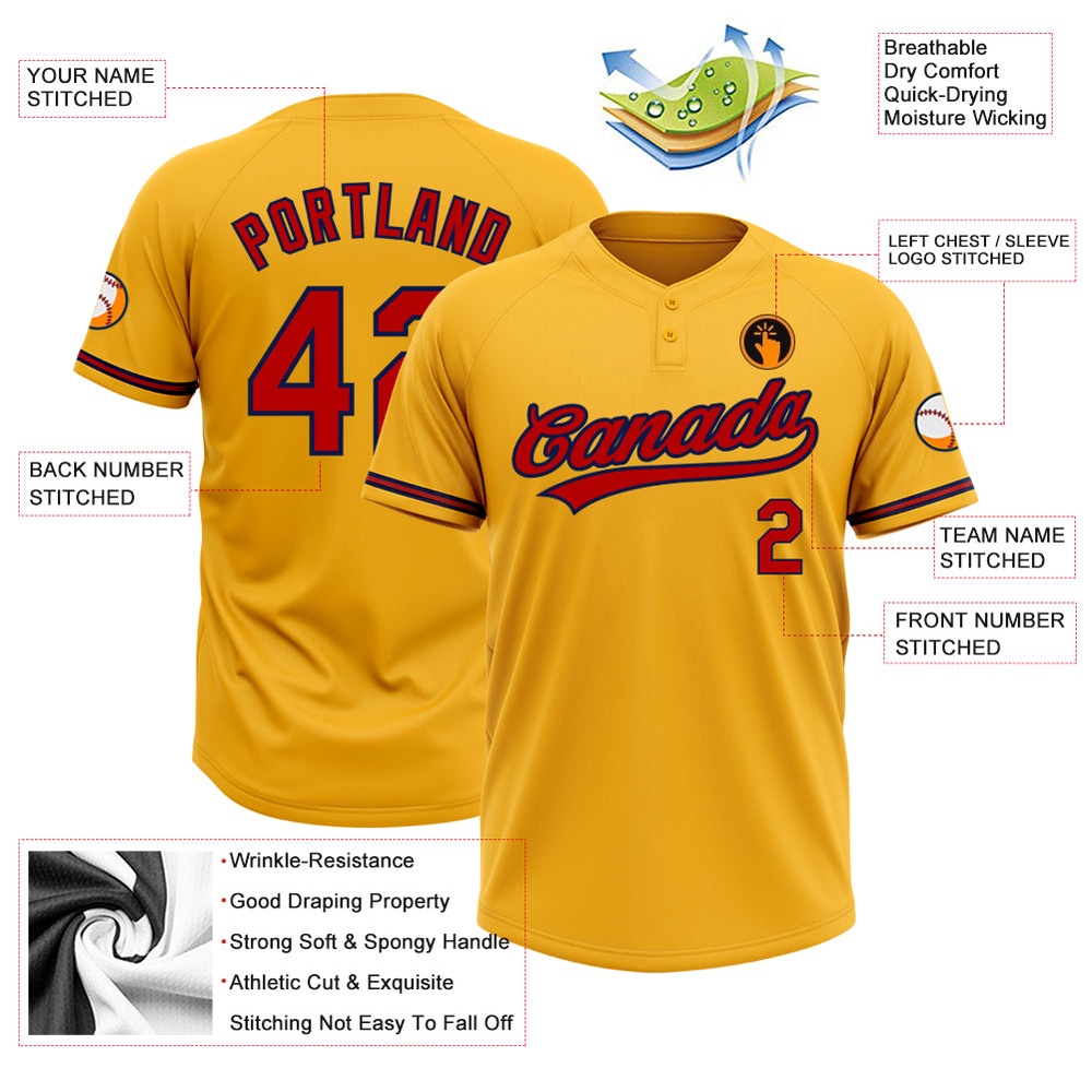 Gold Red Navy Two Button Unisex Softball Jersey, Custom Team Softball Jersey Gold Red Navy Two Button Unisex Softball Jersey, Custom Team Softball Jersey