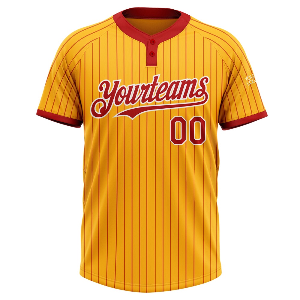 Gold Red Pinstripe White Two Button Unisex Softball Jersey, Custom Team Softball Jersey Gold Red Pinstripe White Two Button Unisex Softball Jersey, Custom Team Softball Jersey