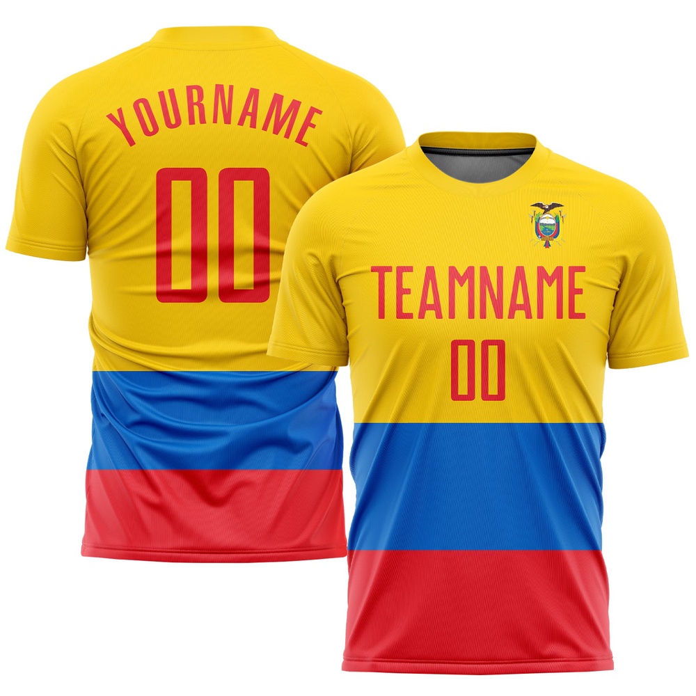 Gold Red Royal Sublimation Ecuador Flag Soccer Uniform Jersey, Custom Team Soccer Jersey Shirt Gold Red Royal Sublimation Ecuador Flag Soccer Uniform Jersey, Custom Team Soccer Jersey Shirt