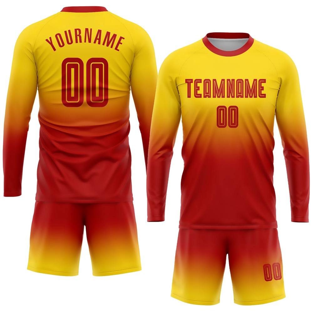 Gold Red Sublimation Long Sleeve Fade Fashion Soccer Uniform Jersey, Custom Team Soccer Jersey Shirt