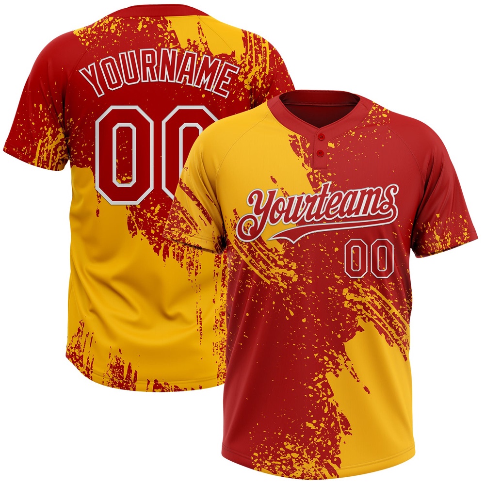 Gold Red White 3D Pattern Abstract Brush Stroke Two Button Unisex Softball Jersey, Custom Team Softball Jersey