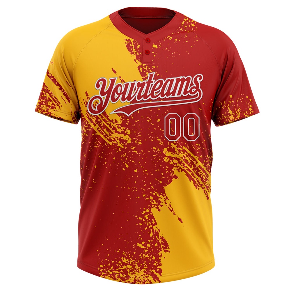 Gold Red White 3D Pattern Abstract Brush Stroke Two Button Unisex Softball Jersey, Custom Team Softball Jersey