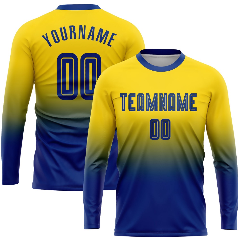 Gold Royal Sublimation Long Sleeve Fade Fashion Soccer Uniform Jersey, Custom Team Soccer Jersey Shirt