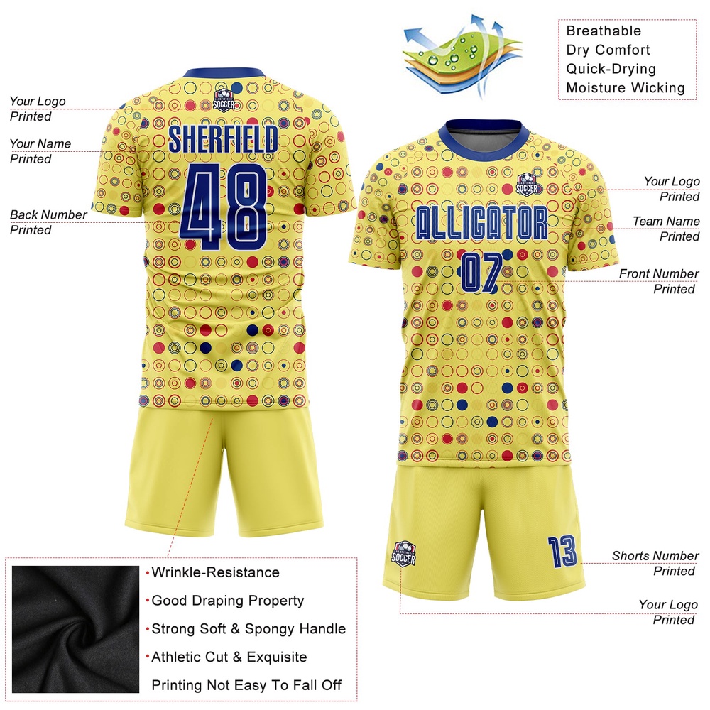 Gold Royal White Away Sublimation Soccer Uniform Jersey, Custom Team Soccer Jersey Shirt
