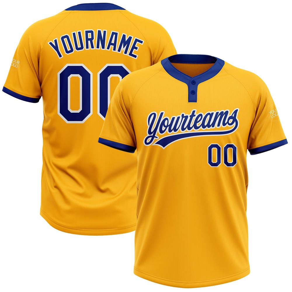 Gold Royal White Two Button Unisex Softball Jersey, Custom Team Softball Jersey