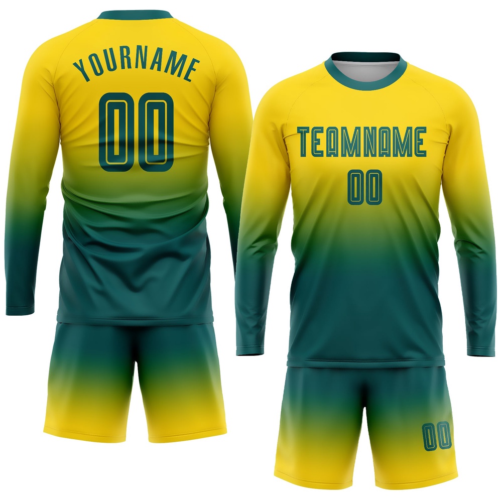 Gold Teal Sublimation Long Sleeve Fade Fashion Soccer Uniform Jersey, Custom Team Soccer Jersey Shirt