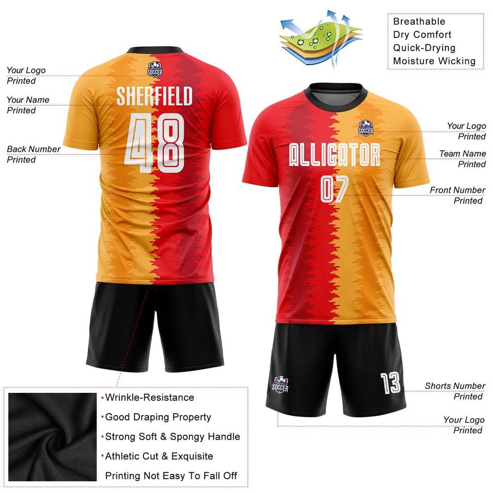 Gold White Black Sublimation Soccer Uniform Jersey, Custom Team Soccer Jersey Shirt Gold White Black Sublimation Soccer Uniform Jersey, Custom Team Soccer Jersey Shirt