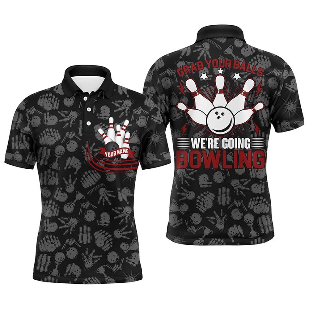 Grab Your Balls Funny Men Polo Bowling Shirt, Short Sleeves Bowlers Polo Shirt, Personalized Bowling Team Shirt